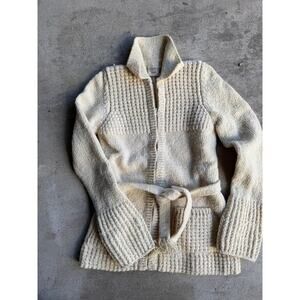 Vintage Handloomed Pure New Wool Cream Belted Cardigan Sweater By Gaeltarra